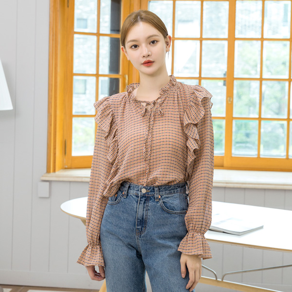(BL-3270) Check shirring blouse