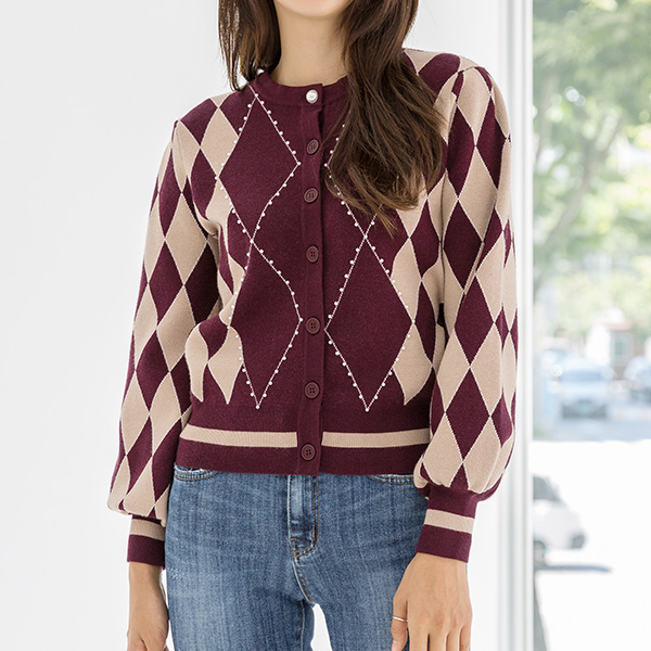 (CD-1294) Pearl Point Argyle Knit Cardigan