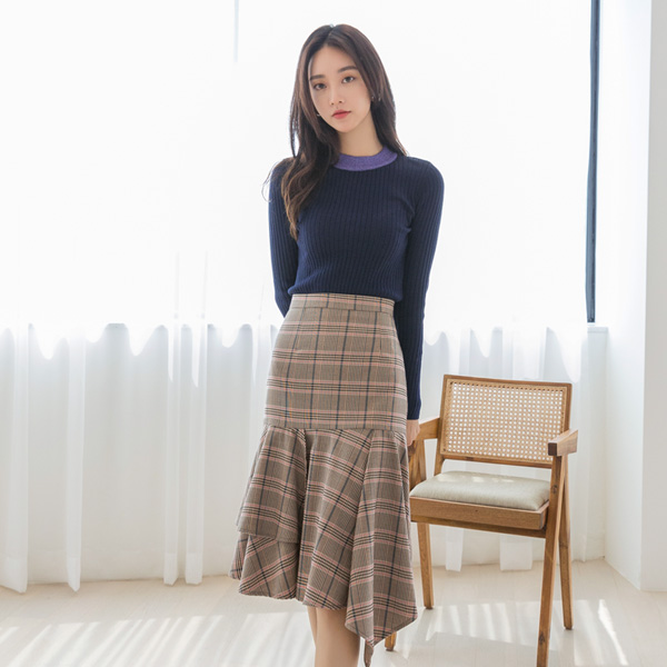 (SK-3497)Brown Check Ankle Skirt