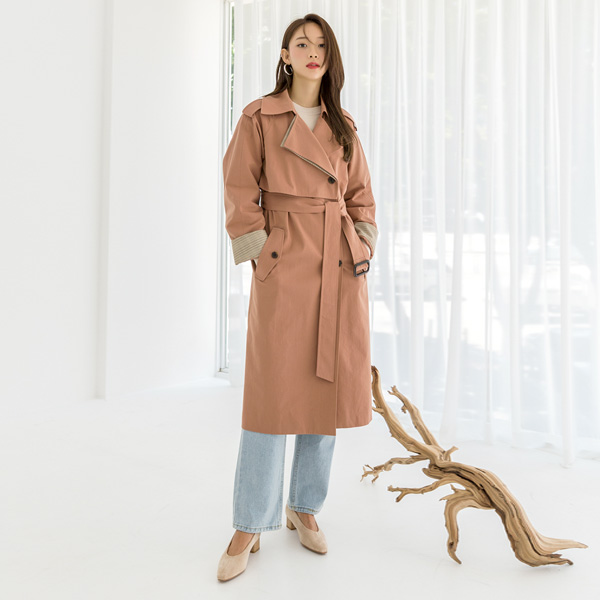 (CT-1214) Natural Color Block Trench Coat S
