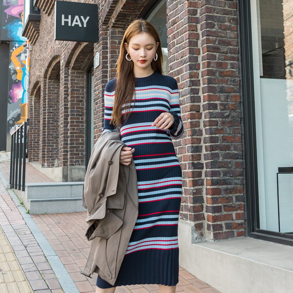 (OP-4668) Pleated Multi-Striped Knit One-Piece