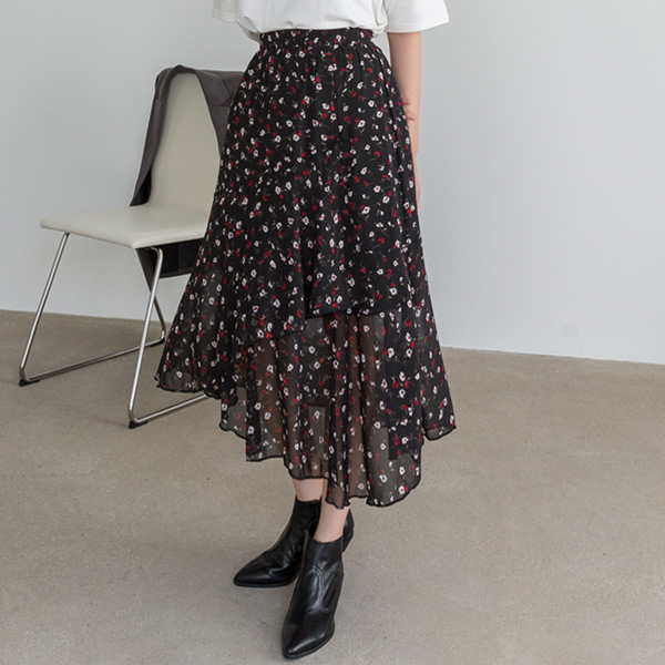 (SK-3571) Unbalanced floral ruffle skirt