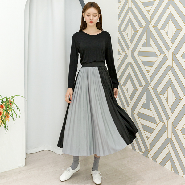 (SK-3577)Half Color Mixed Banding Skirt