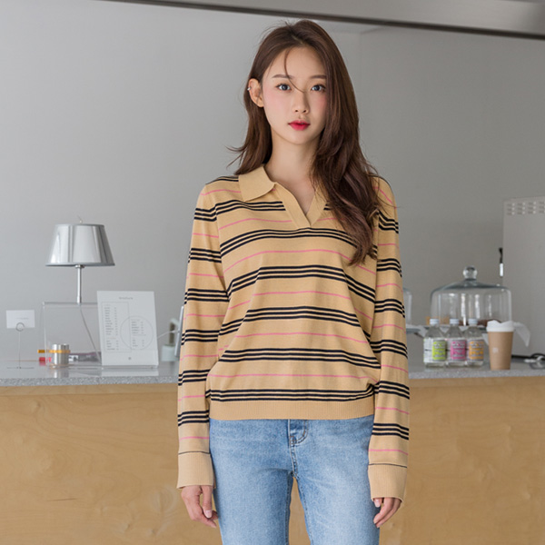 (T-4987) Wool Collar Stripe Knit