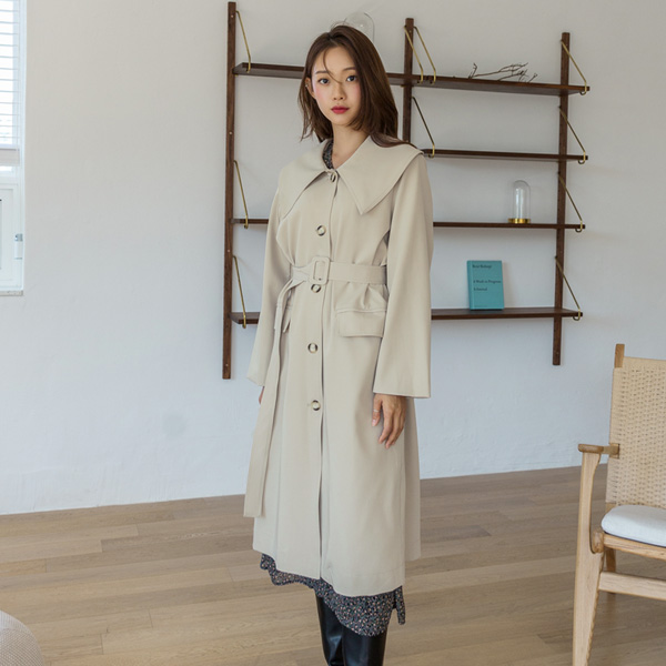 (CT-1233) Big Collar Belt Long Coat S