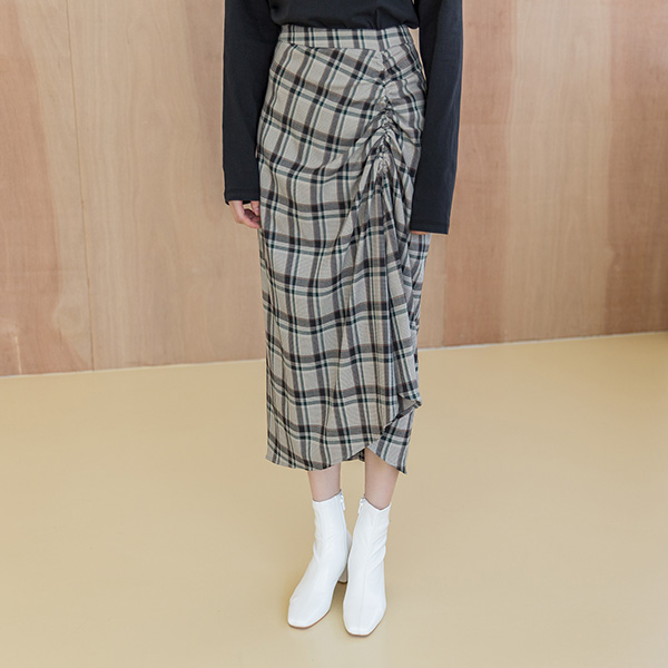 (SK-3604) Check shirring pointed skirt