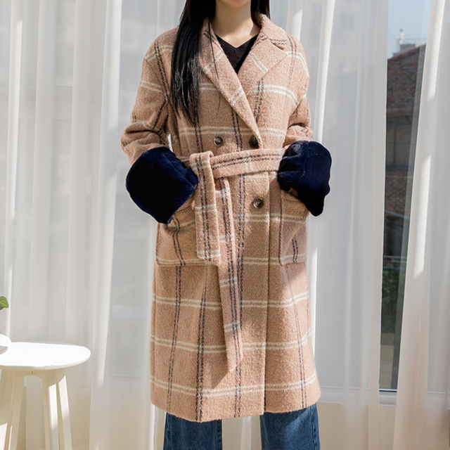 (CT-1197) Fur color block wool check coat S
