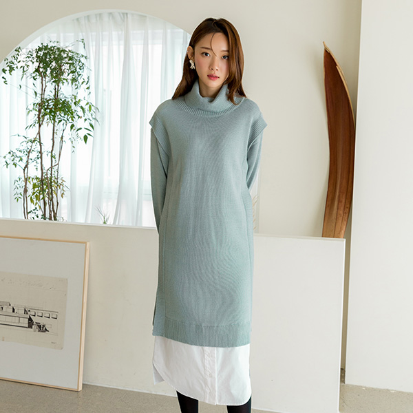 (OP-4681) Shirt color blocking H-fit long knit one-piece