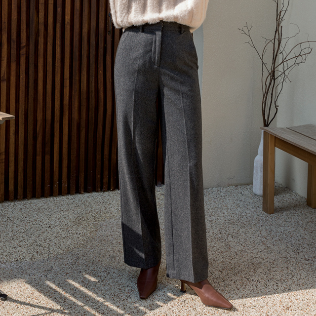 (PT-3855) Wool Herringbone Long Wide Pants