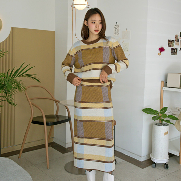 (OP-4852)Multi-block stripe top skirt set S