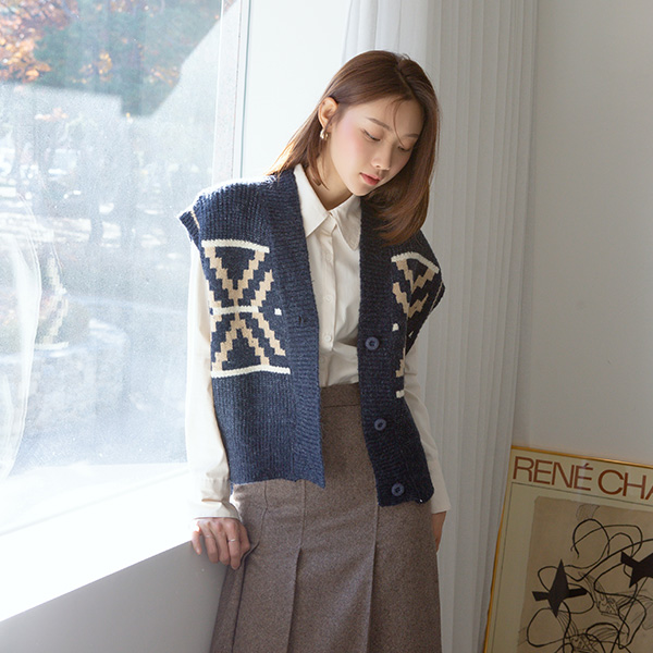 (VT-0117)Loose Pattern Knit Vest Korea