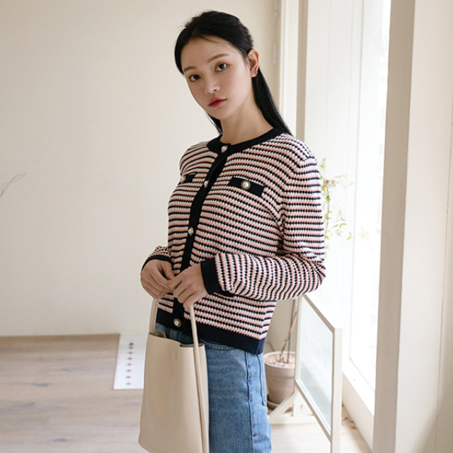 (CD-1407) Color Stripe Knit Cardigan