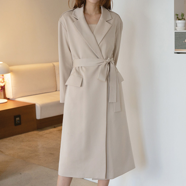 (CT-1249) Belted Long Trench Coat S