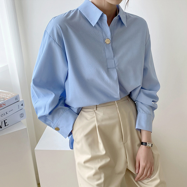 (BL-3421) Button Point Stripe Blouse