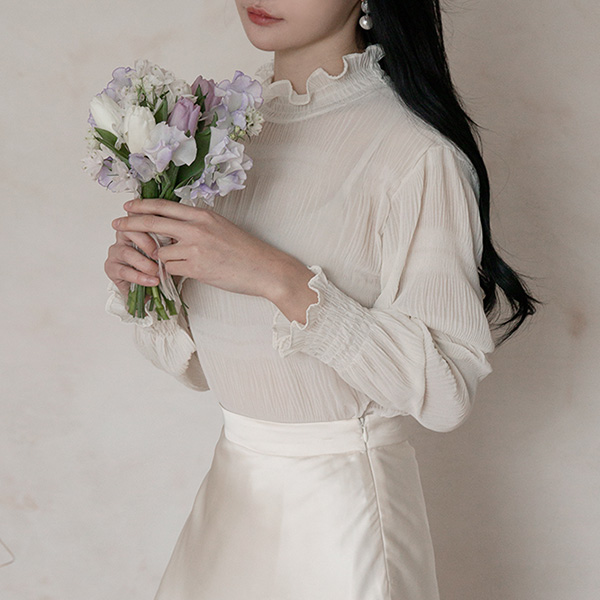 (BL-3494) See-through shirring blouse