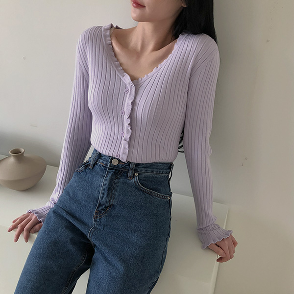 (T-5051) Ruffle Point V-Neck Knit
