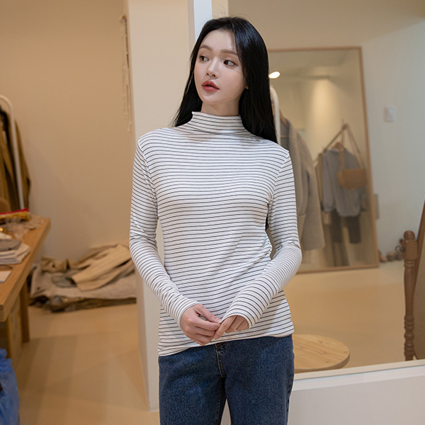 (T-5227) Striped Slim Half Neck Tee