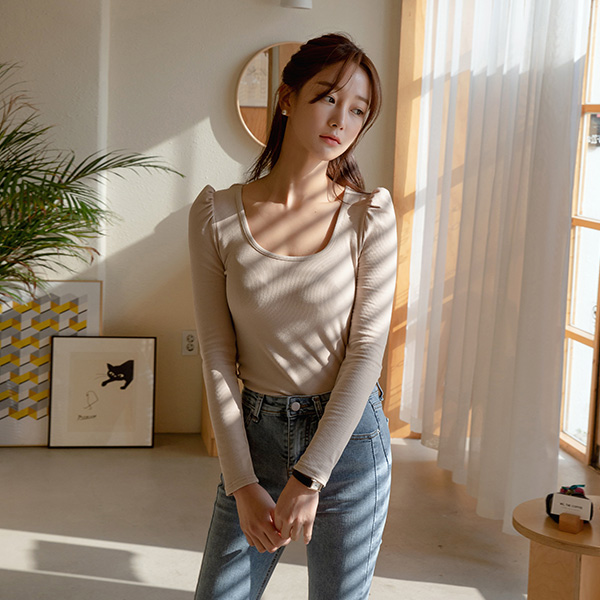 (T-5225) Puff Sleeve Slim Tee