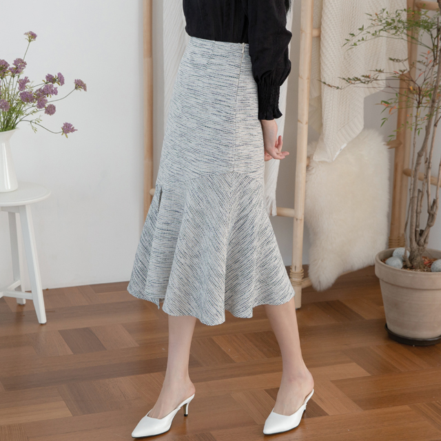 (SK-3676) Tweed Unbalanced Banding Skirt