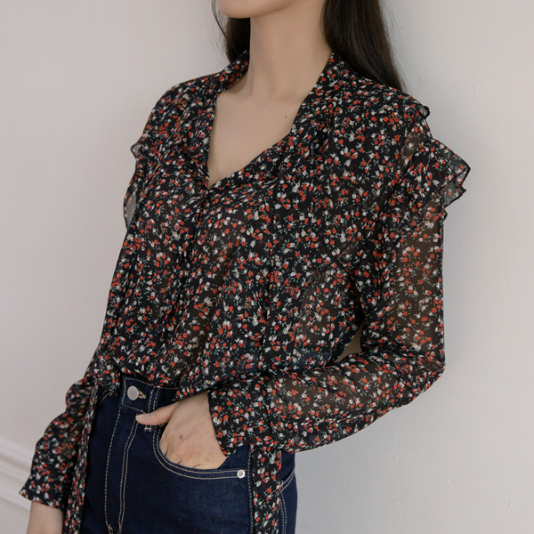 (BL-3490)Ribbon Strap Ruffle Blouse