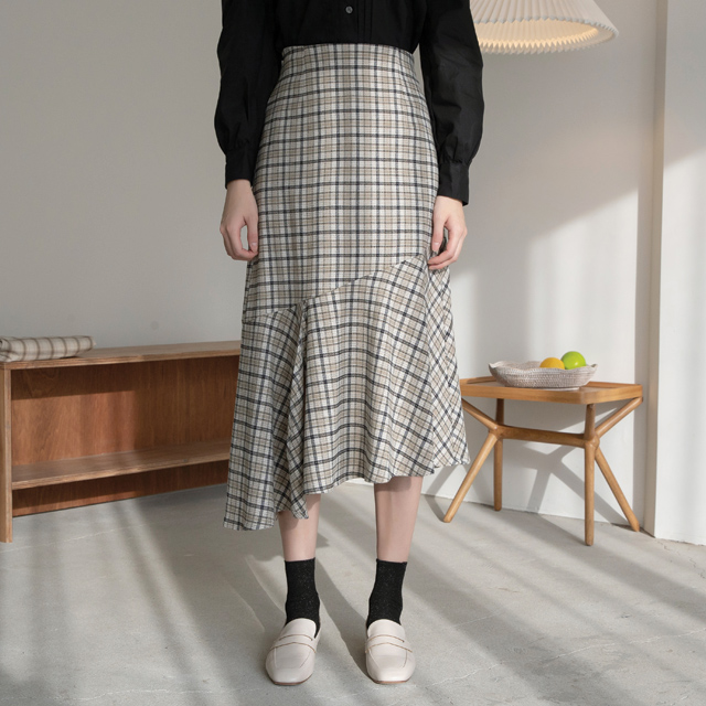 (SK-3640) Checked ankle banding skirt
