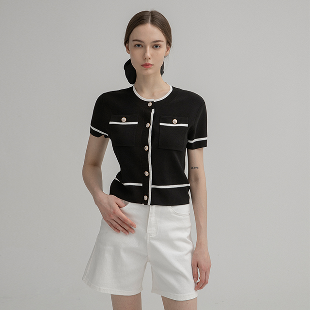 (CD-1440) Color block crop knit cardigan