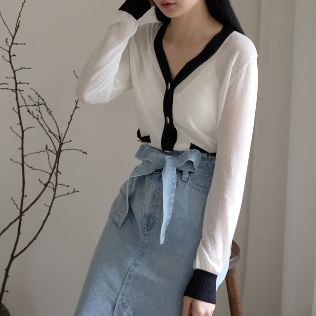 (CD-1441) V-neck two-tone knit cardigan