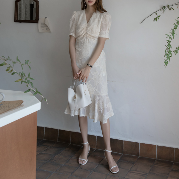 (N-OP-5134) Front shirring feather one-piece