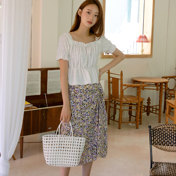 (SK-3931) Side shirring floral skirt