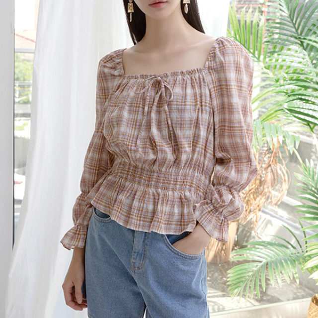 (BL-3464) Two-way square banding check blouse