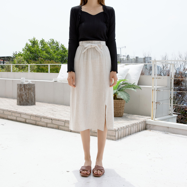 (SK-3958)Linen Slit Belted Skirt S