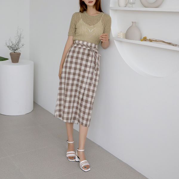 (SK-3982) Check Pattern Back Banding Skirt