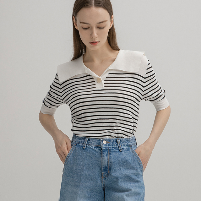 (T-5463) Big Collar Stripe Knit