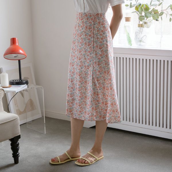 (SK-4029)Floral Button Back Banding Skirt