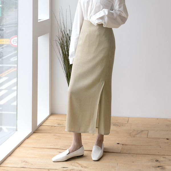 (SK-3969) Shiny Slit Long Banding Skirt