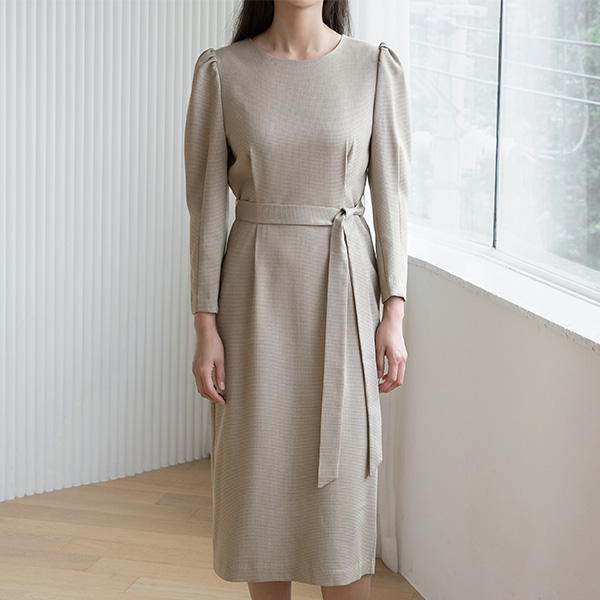 (OP-5169) Checked sleeve volume one-piece dress S