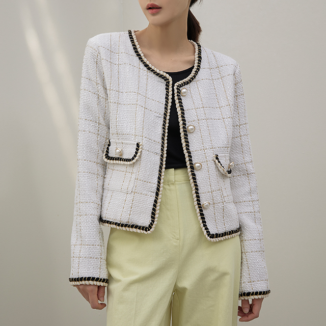 (JK-2307) Tweed lace line jacket
