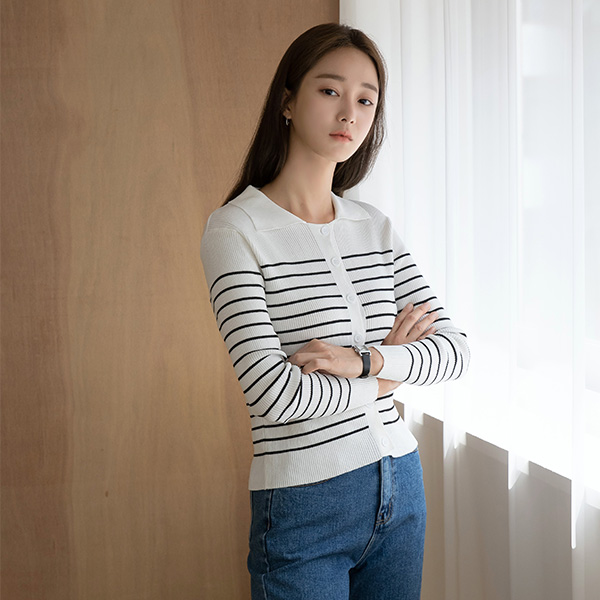 (CD-1590) Striped Collar Knit Cardigan