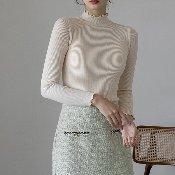(T-5565) Frill half neck knit