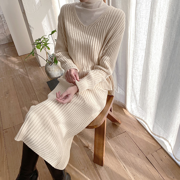 (OP-5330) V-neck knit top skirt set S