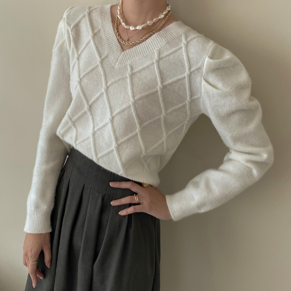 (T-5614)Volume sleeve diamond knit
