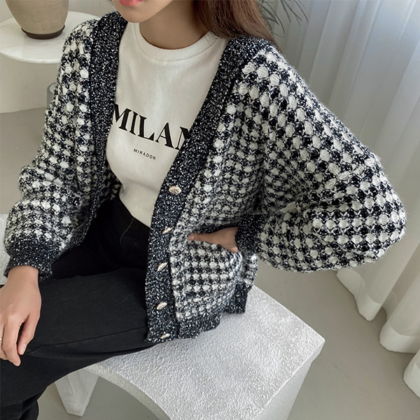 (CD-1650) Shine Fabric Mixed Knit Cardigan