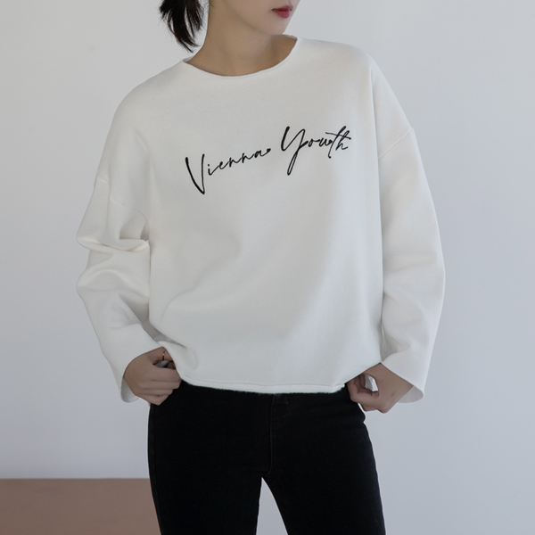 (T-5731) Wide neck lettering fleece man-to-man tee