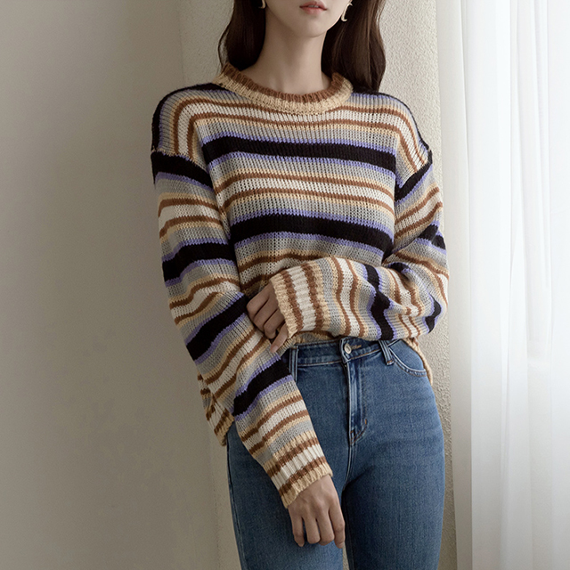 (T-5838)Multi-stripe loose fit knit