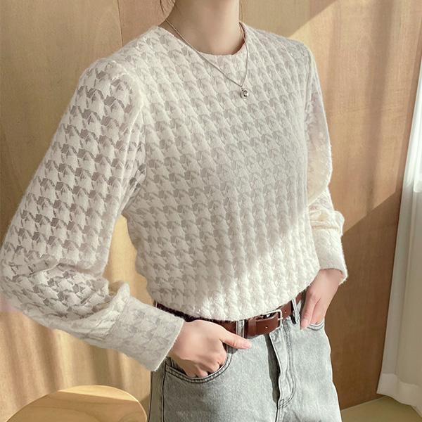 (BL-3745)Hairy Houndstooth Blouse
