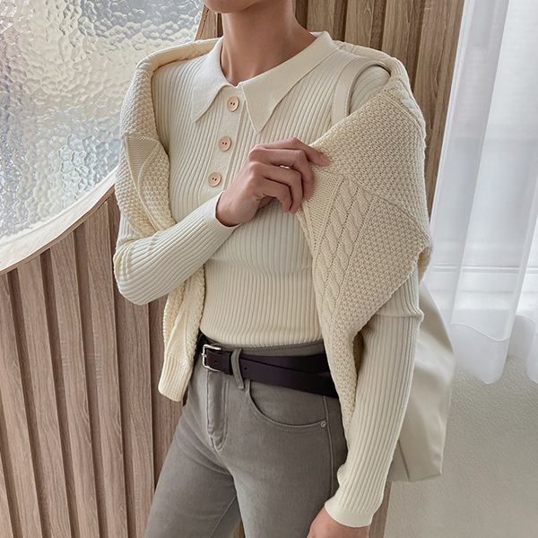 (T-5855) Button Pointed Collar Knit