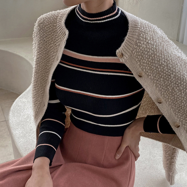 (T-5880) Striped Half Neck Slim Knit