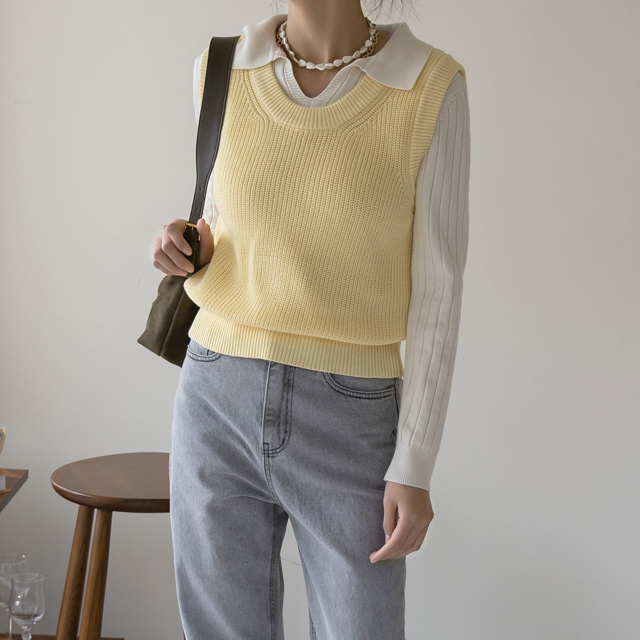 (VT-0145)Basic Scoop Neck Knit Vest