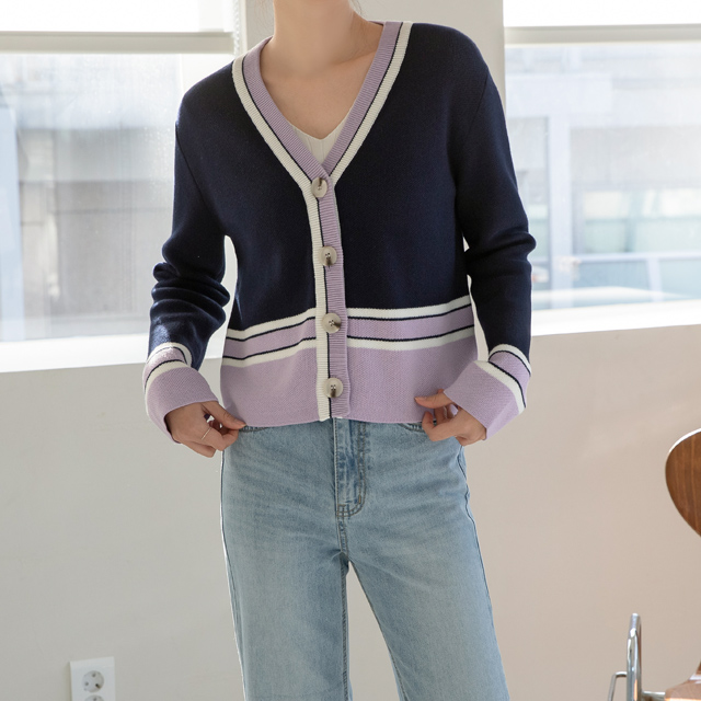 (CD-1624) Overfit color block line knit cardigan