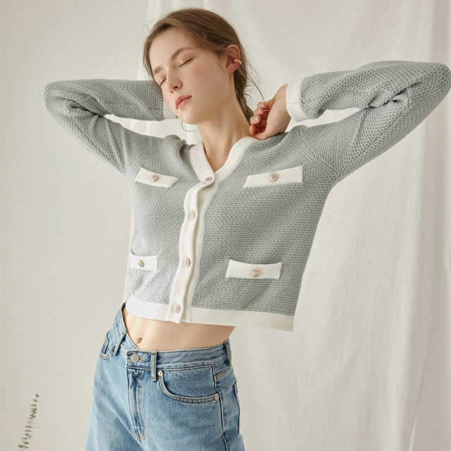 (CD-1637) V-neck two-tone pocket waffle knit cardigan